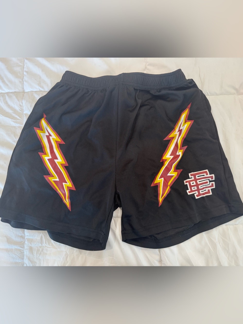 Eric Emanuel Black Athletic Shorts with Red & Yellow Lightning